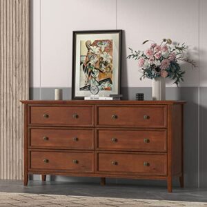 IKENO 6 Drawer Double Dresser, 55 inch Solid Wood Bedroom Dresser in Caramel