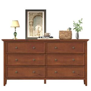 IKENO 6 Drawer Double Dresser, 55 inch Solid Wood Bedroom Dresser in Caramel