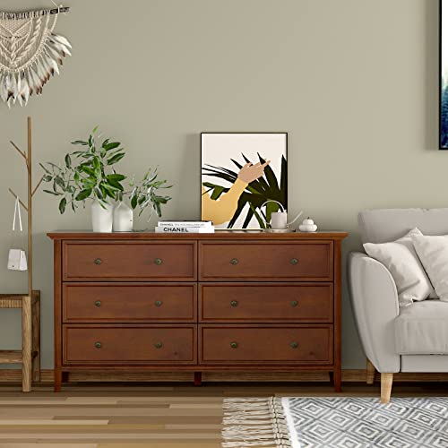 IKENO 6 Drawer Double Dresser, 55 inch Solid Wood Bedroom Dresser in Caramel