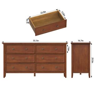 IKENO 6 Drawer Double Dresser, 55 inch Solid Wood Bedroom Dresser in Caramel