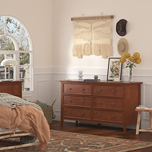 IKENO 6 Drawer Double Dresser, 55 inch Solid Wood Bedroom Dresser in Caramel