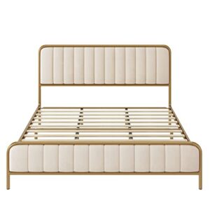 HITHOS Queen Size Bed Frame, Upholstered Bed Frame with Button Tufted Headboard, Heavy Duty Metal Mattress Foundation with Wooden Slats, Easy Assembly, No Box Spring Needed (Golden/Off White, Queen)