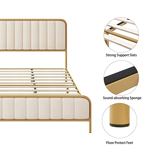 HITHOS Queen Size Bed Frame, Upholstered Bed Frame with Button Tufted Headboard, Heavy Duty Metal Mattress Foundation with Wooden Slats, Easy Assembly, No Box Spring Needed (Golden/Off White, Queen)