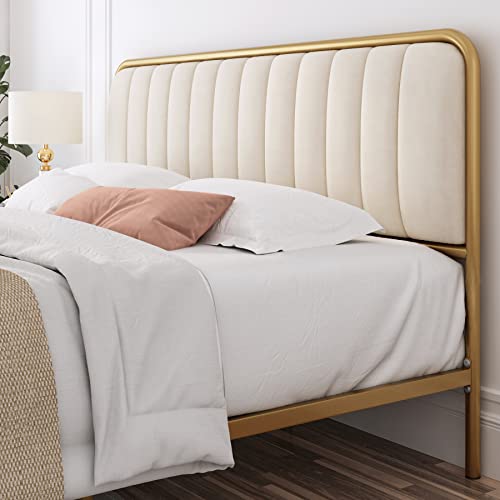 HITHOS Queen Size Bed Frame, Upholstered Bed Frame with Button Tufted Headboard, Heavy Duty Metal Mattress Foundation with Wooden Slats, Easy Assembly, No Box Spring Needed (Golden/Off White, Queen)