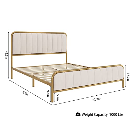 HITHOS Queen Size Bed Frame, Upholstered Bed Frame with Button Tufted Headboard, Heavy Duty Metal Mattress Foundation with Wooden Slats, Easy Assembly, No Box Spring Needed (Golden/Off White, Queen)