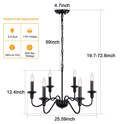 Black Chandelier, TMMAYSUN 6-Light Farmhouse Candle Hanging Light Fixture, Adjustable Height Rustic Chandeliers Pendant Lights Matte Black Chandelier for Dining Room Living Room Bedroom Kitchen Island