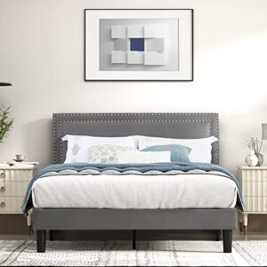 vecelo full size platform bed frame with height adjustable upholstered headboard, modern mattress foundation,strong wood slat support, no box spring needed, easy assembly