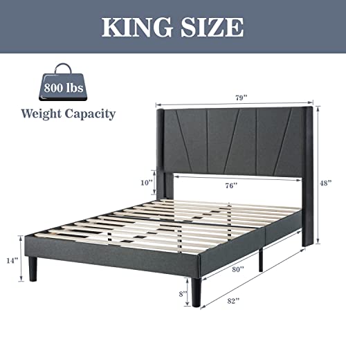 Allewie King Size Upholstered Platform Bed Frame / Geometric Wingback Headboard / Mattress Foundation / Wood Slat Support / No Box Spring Needed / Easy Assembly, Dark Grey