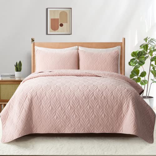 PEACE NEST 3 Piece Quilted Coverlet Set with Pillow Shams, Lightweight All Season Bedspread Bed Cover Full/Queen Size, Pink((90"X90")