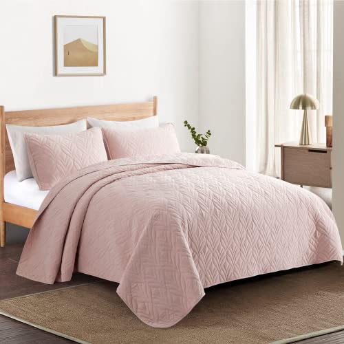 PEACE NEST 3 Piece Quilted Coverlet Set with Pillow Shams, Lightweight All Season Bedspread Bed Cover Full/Queen Size, Pink((90"X90")