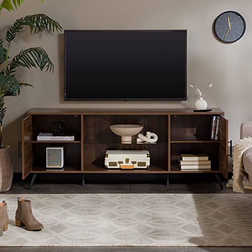 Walker Edison Saxon Mid Century Modern Glass Shelf TV Stand for TVs up to 65 Inches, 60 Inch, Walnut