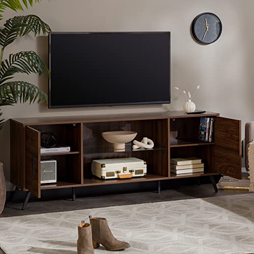 Walker Edison Saxon Mid Century Modern Glass Shelf TV Stand for TVs up to 65 Inches, 60 Inch, Walnut