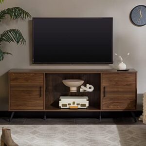 Walker Edison Saxon Mid Century Modern Glass Shelf TV Stand for TVs up to 65 Inches, 60 Inch, Walnut