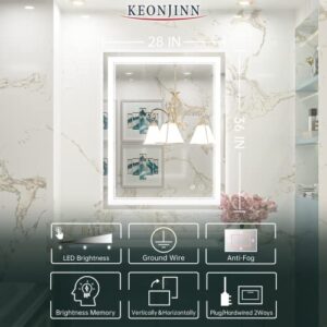 Keonjinn LED Bathroom Mirror, 36 x 28 Inch Bathroom Mirror with Lights, Front Lighted Vanity Mirror, Anti-Fog Wall Mounted Dimmable Memory Brightness Front Lights Makeup Mirror (Vertical/Horizontal)