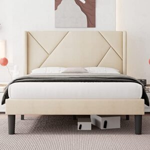 ipormis queen size platform bed frame with wingback, geometric upholstered bed frame with headboard, wood slats support, no box spring required, beige
