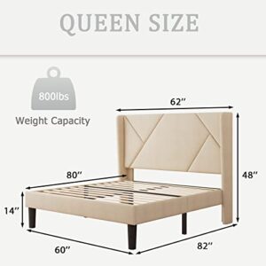 iPormis Queen Size Platform Bed Frame with Wingback, Geometric Upholstered Bed Frame with Headboard, Wood Slats Support, No Box Spring Required, Beige