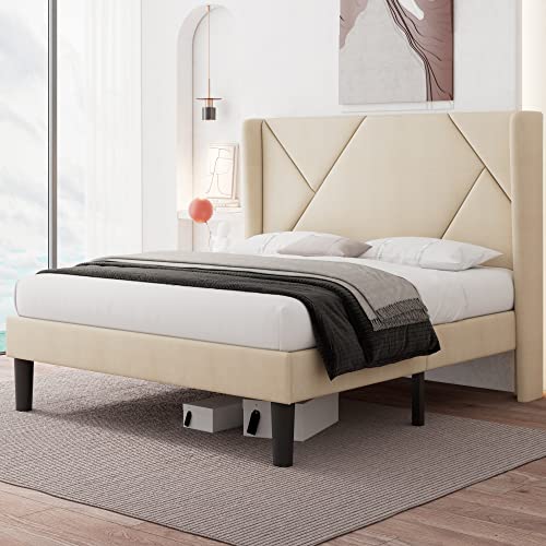 iPormis Queen Size Platform Bed Frame with Wingback, Geometric Upholstered Bed Frame with Headboard, Wood Slats Support, No Box Spring Required, Beige