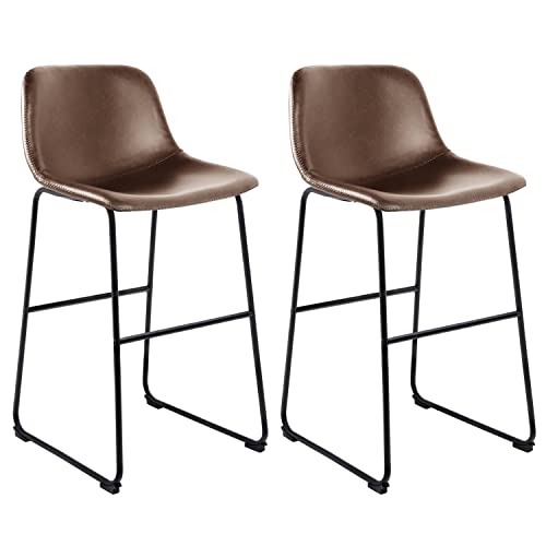 Rfiver Pu Faux Leather Bar Stools Set of 2, Industrial Pub Barstools with Back and Footrest, Modern Armless Bar Height Stool Chairs, Brown