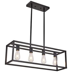 hqzbpt farmhouse rectangle chandeliers for dining rooms, modern linear hanging light fixture matte black 4-light industrial pendant lighting for kitchen island