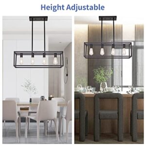 HQZBPT Farmhouse Rectangle Chandeliers for Dining Rooms, Modern Linear Hanging Light Fixture Matte Black 4-Light Industrial Pendant Lighting for Kitchen Island