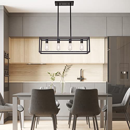 HQZBPT Farmhouse Rectangle Chandeliers for Dining Rooms, Modern Linear Hanging Light Fixture Matte Black 4-Light Industrial Pendant Lighting for Kitchen Island