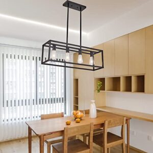 HQZBPT Farmhouse Rectangle Chandeliers for Dining Rooms, Modern Linear Hanging Light Fixture Matte Black 4-Light Industrial Pendant Lighting for Kitchen Island
