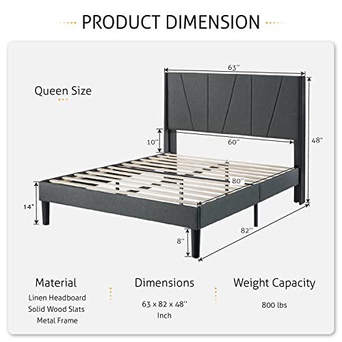 SHA CERLIN Queen Bed Frame, Upholstered Platform Bed with Geometric Headboard and Wingback, Wood Slat Support, No Box Spring Needed, Grey