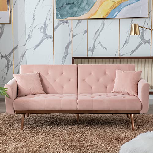 YINKUU Velvet Futon Sofa Bed,Modern Tufted Fabric Couch with 2 Soft Pillows, Modern Loveseat Convertible Sleeper Sofa for Living Room and Bedroom (Pink)