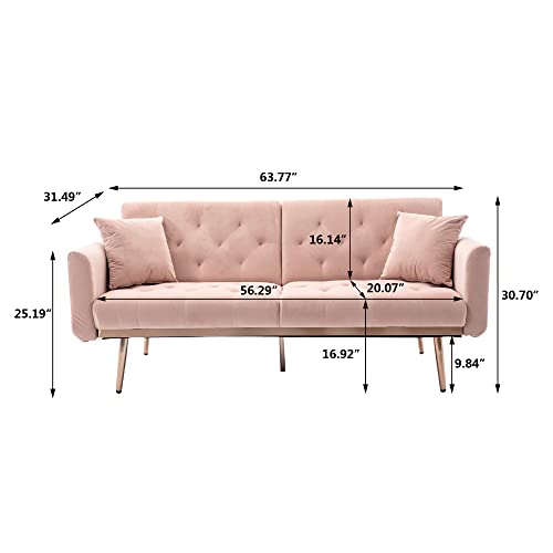 YINKUU Velvet Futon Sofa Bed,Modern Tufted Fabric Couch with 2 Soft Pillows, Modern Loveseat Convertible Sleeper Sofa for Living Room and Bedroom (Pink)