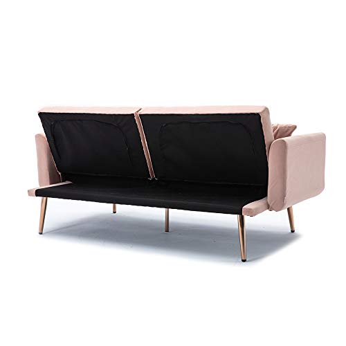 YINKUU Velvet Futon Sofa Bed,Modern Tufted Fabric Couch with 2 Soft Pillows, Modern Loveseat Convertible Sleeper Sofa for Living Room and Bedroom (Pink)