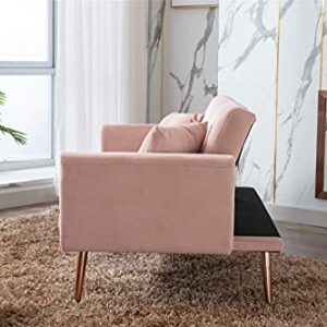 YINKUU Velvet Futon Sofa Bed,Modern Tufted Fabric Couch with 2 Soft Pillows, Modern Loveseat Convertible Sleeper Sofa for Living Room and Bedroom (Pink)