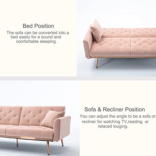 YINKUU Velvet Futon Sofa Bed,Modern Tufted Fabric Couch with 2 Soft Pillows, Modern Loveseat Convertible Sleeper Sofa for Living Room and Bedroom (Pink)