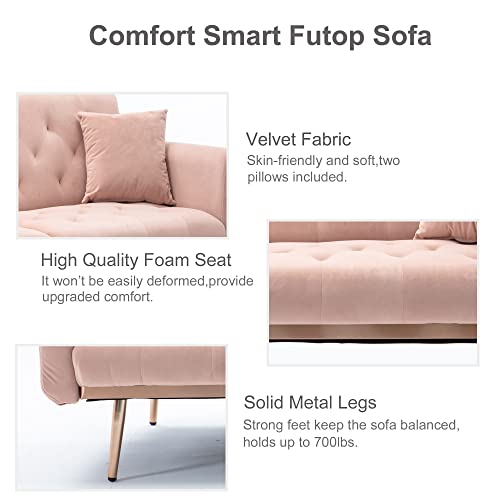 YINKUU Velvet Futon Sofa Bed,Modern Tufted Fabric Couch with 2 Soft Pillows, Modern Loveseat Convertible Sleeper Sofa for Living Room and Bedroom (Pink)