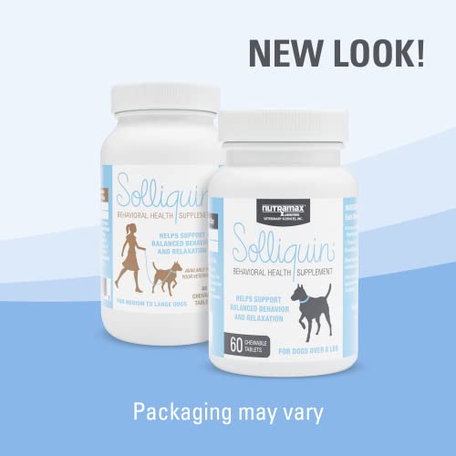 Nutramax Solliquin Calming Behavioral Health Supplement for All Dogs Over 8lbs - With L-Theanine, Magnolia / Phellodendron, and Whey Protein Concentrate, 60 Chewable Tablets