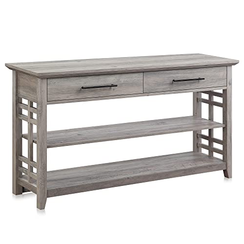 BELLEZE 3 Tier Console Table with Two Storage Shelves & Drawers, Wood Accent Sofa Table for Entryway Living Room Hallway - 55 Inch - Norrell (Gray Wash)