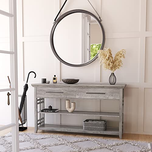 BELLEZE 3 Tier Console Table with Two Storage Shelves & Drawers, Wood Accent Sofa Table for Entryway Living Room Hallway - 55 Inch - Norrell (Gray Wash)