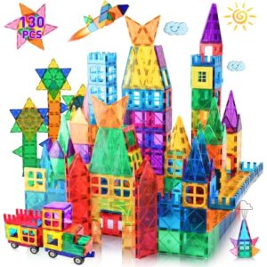 lati 130 pcs magnetic tiles, magnet building blocks for kids stem construction set clear imagination inspirational educational toddler boys girls kids toys for 3 4 5 6 7 8 years with 2 cars