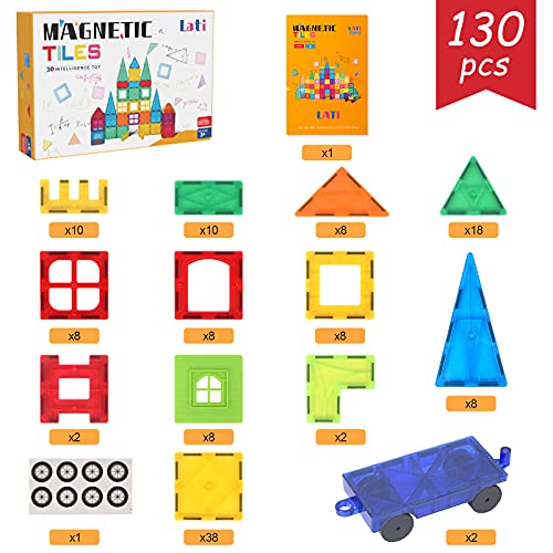 LATI 130 pcs Magnetic Tiles, Magnet Building Blocks for Kids STEM Construction Set Clear Imagination Inspirational Educational Toddler Boys Girls Kids Toys for 3 4 5 6 7 8 Years with 2 Cars