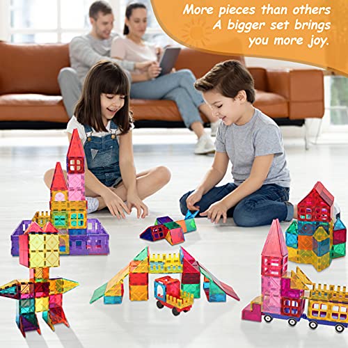 LATI 130 pcs Magnetic Tiles, Magnet Building Blocks for Kids STEM Construction Set Clear Imagination Inspirational Educational Toddler Boys Girls Kids Toys for 3 4 5 6 7 8 Years with 2 Cars