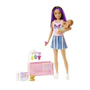 barbie doll and crib playset with skipper doll, baby with sleepy eyes, furniture and themed accessories, babysitters inc.