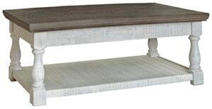 signature design by ashley havalance farmhouse lift top coffee table with fixed shelf and 2 hidden storage trays, gray & white with weathered finish