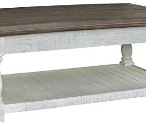 Signature Design by Ashley Havalance Farmhouse Lift Top Coffee Table with Fixed Shelf and 2 Hidden Storage Trays, Gray & White with Weathered Finish