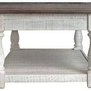 Signature Design by Ashley Havalance Farmhouse Lift Top Coffee Table with Fixed Shelf and 2 Hidden Storage Trays, Gray & White with Weathered Finish