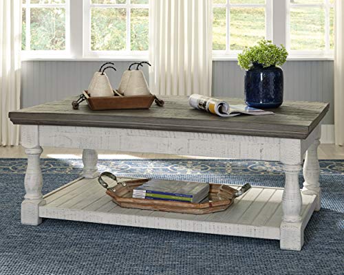 Signature Design by Ashley Havalance Farmhouse Lift Top Coffee Table with Fixed Shelf and 2 Hidden Storage Trays, Gray & White with Weathered Finish