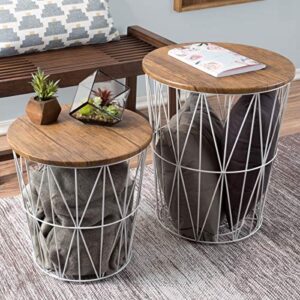 lavish home end storage – nesting wire basket base and wood tops – industrial farmhouse style side table set of 2, white