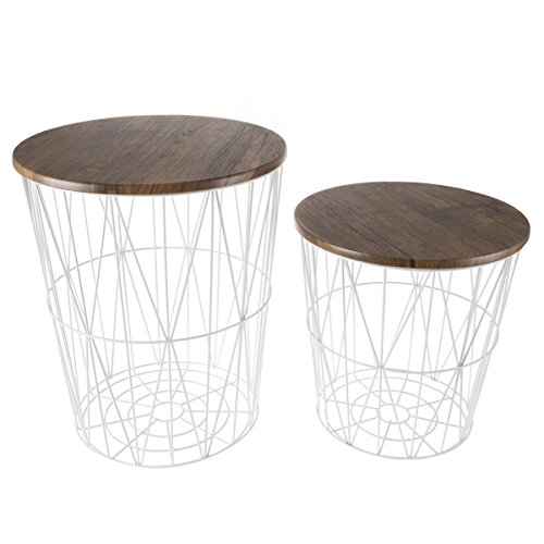 Lavish Home End Storage – Nesting Wire Basket Base and Wood Tops – Industrial Farmhouse Style Side Table Set of 2, White