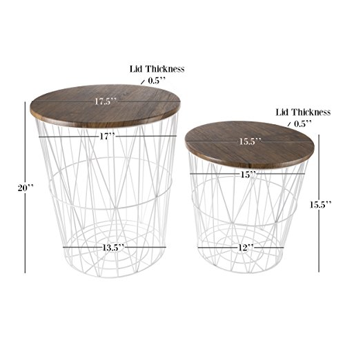 Lavish Home End Storage – Nesting Wire Basket Base and Wood Tops – Industrial Farmhouse Style Side Table Set of 2, White