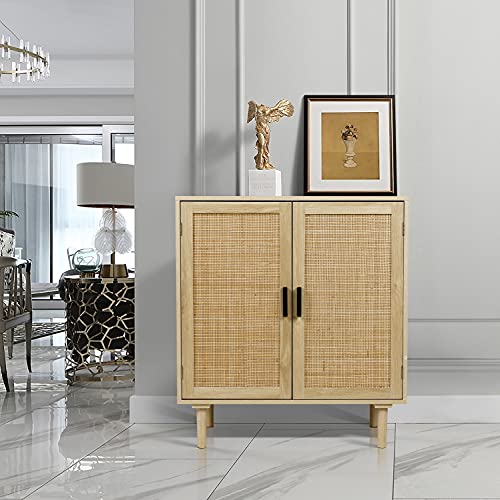 Finnhomy Sideboard Buffet Cabinet, Kitchen Storage Cabinet with Rattan Decorated Doors, Liquor Cabinet, Dining Room, Hallway, Cupboard Console Table, Accent Cabinet, 31.5X 15.8X 34.6 Inches, Natural