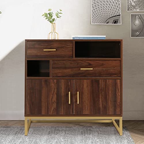 Anmytek Mid Century Wood 2 Doors Accent Storage Cabinet, Farmhouse Walnut Kitchen Buffet Sideboard with Drawers and Shelves Entryway Living Room H0038