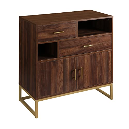 Anmytek Mid Century Wood 2 Doors Accent Storage Cabinet, Farmhouse Walnut Kitchen Buffet Sideboard with Drawers and Shelves Entryway Living Room H0038